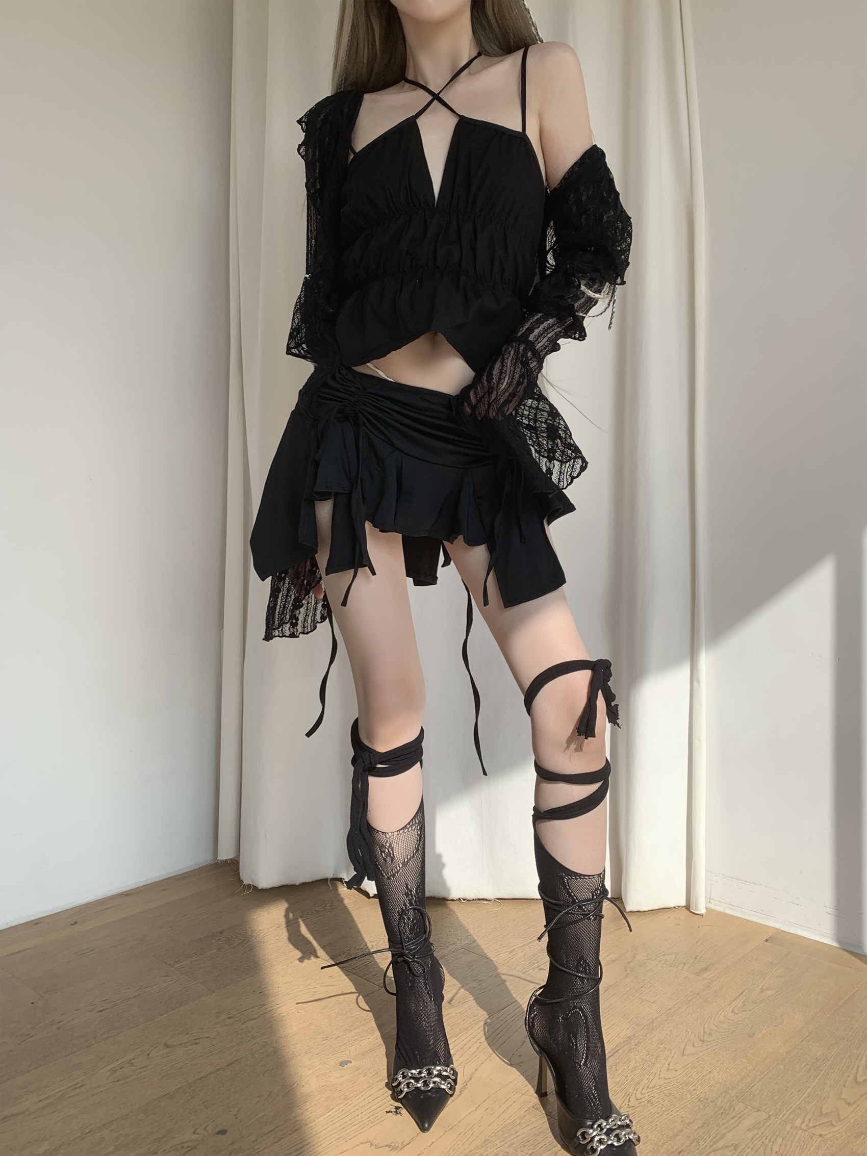 kikomi shirring frill skirt (black)